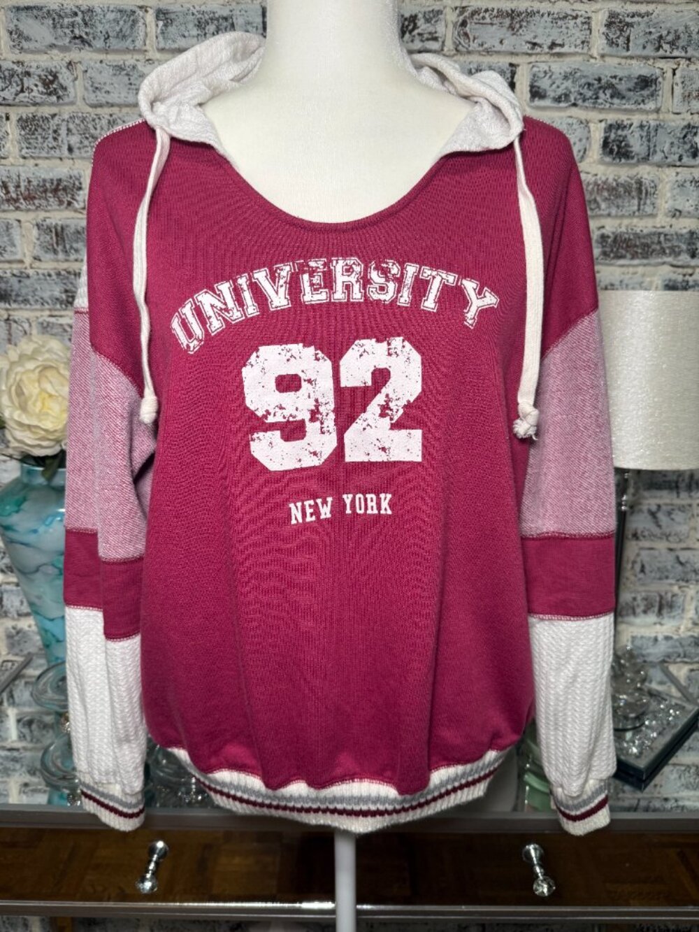 Poof New York Collegiate Retro Pullover Hoodie Sweatshirt Burgundy Cream Size L
